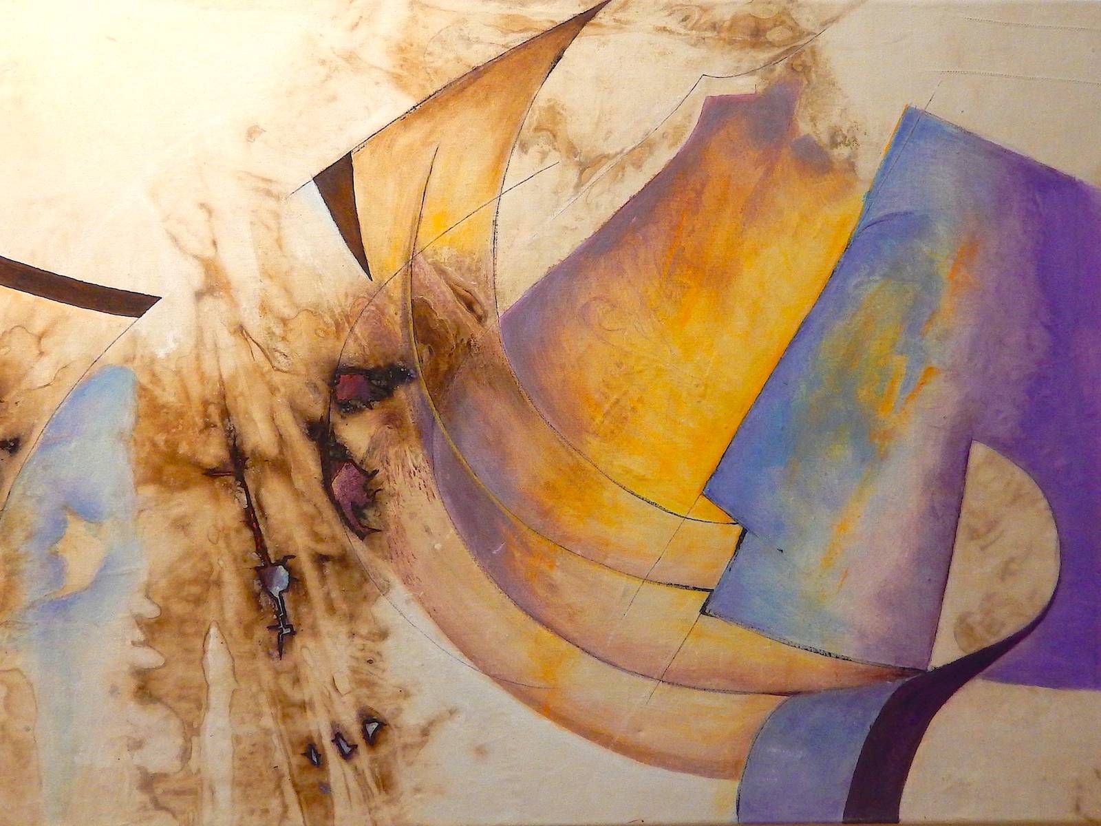 Kontaktsuche – Feuerbrandtuch mit Acrylmalerei – Jahr 2010. 0,75 m x 1.26 m