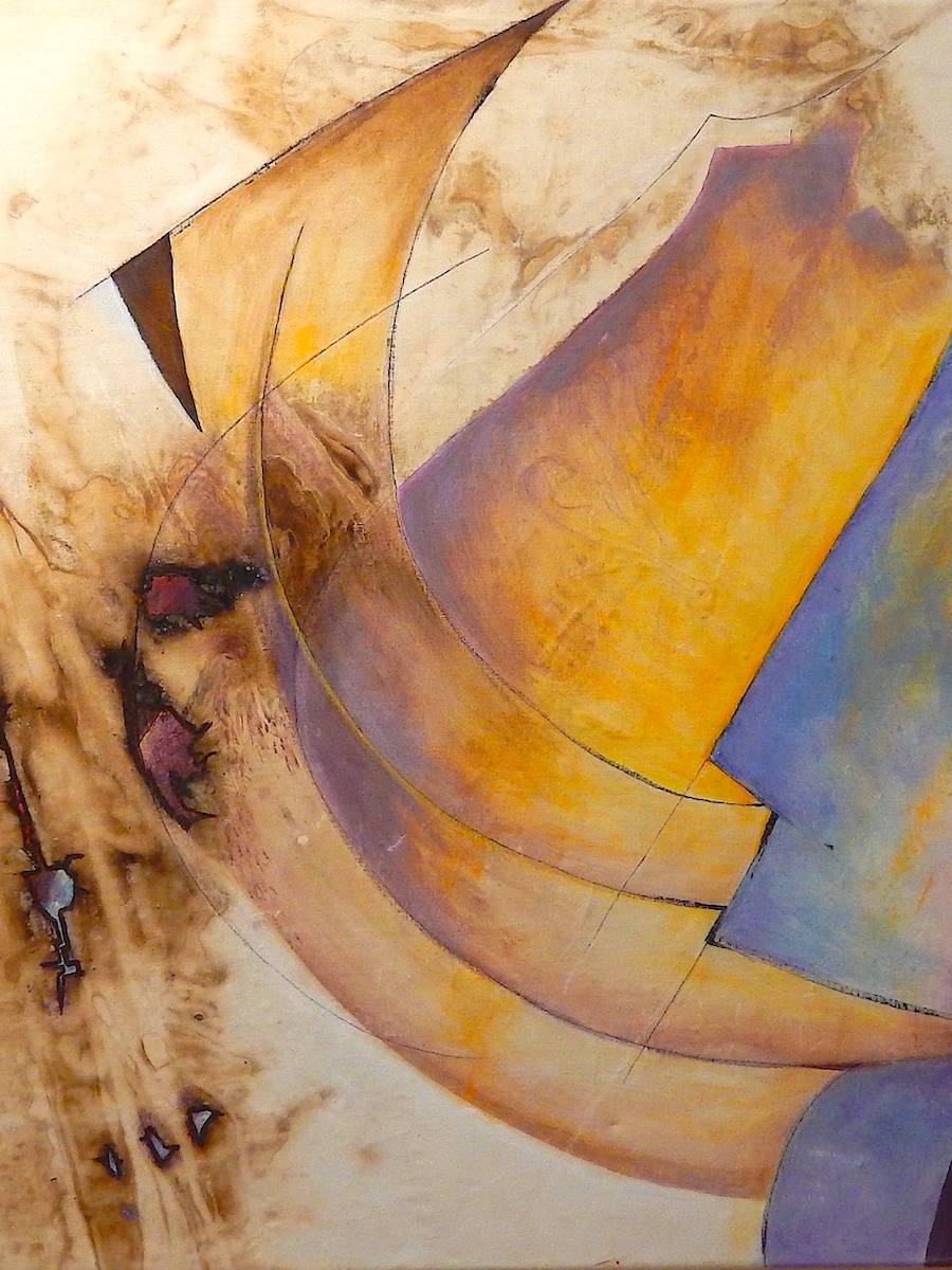 Kontaktsuche – Feuerbrandtuch mit Acrylmalerei – Jahr 2010. 0,75 m x 1.26 m